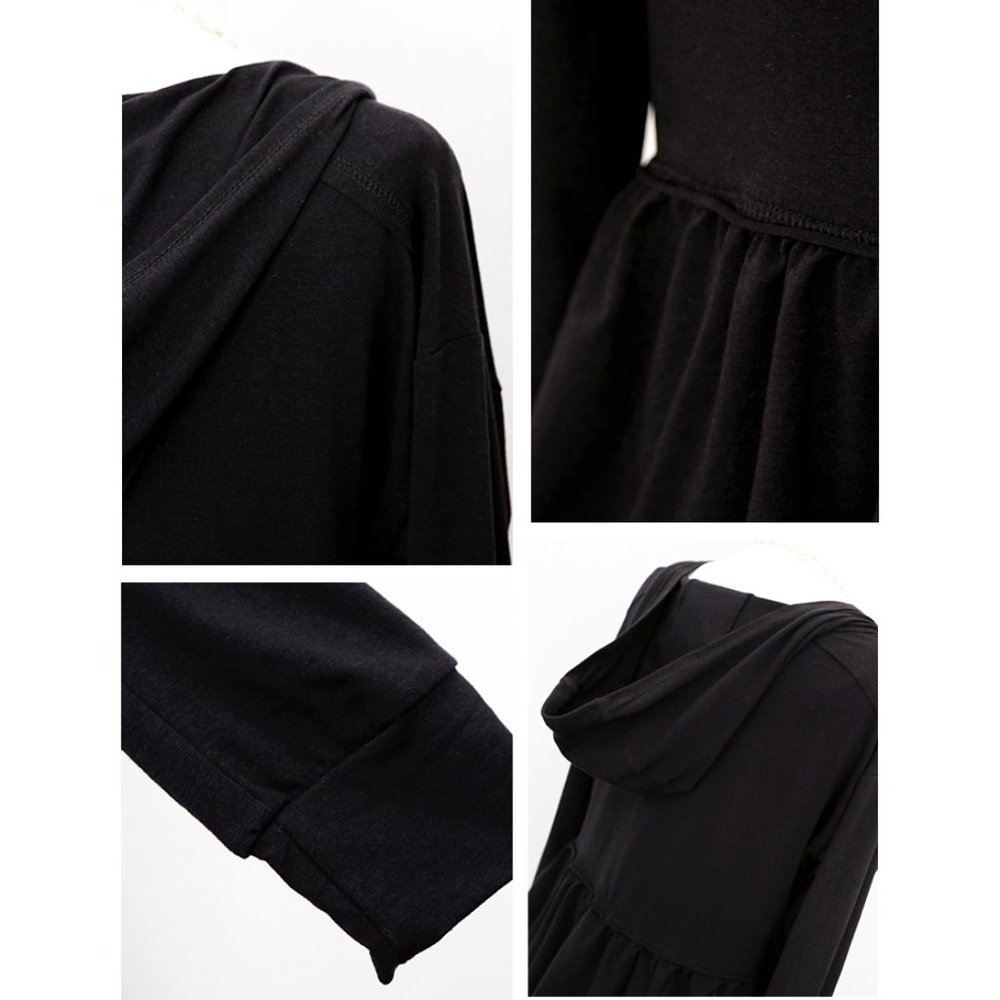 Black Hooded Babydoll Peplum Pullover Cotton Top - Picture 6 of 8